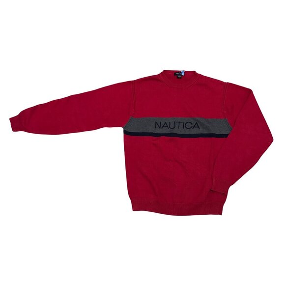 Vintage Nautica Red Logo Crewneck Sweater Cotton Knit Y2K Preppy Men’s L Retro - Picture 1 of 7